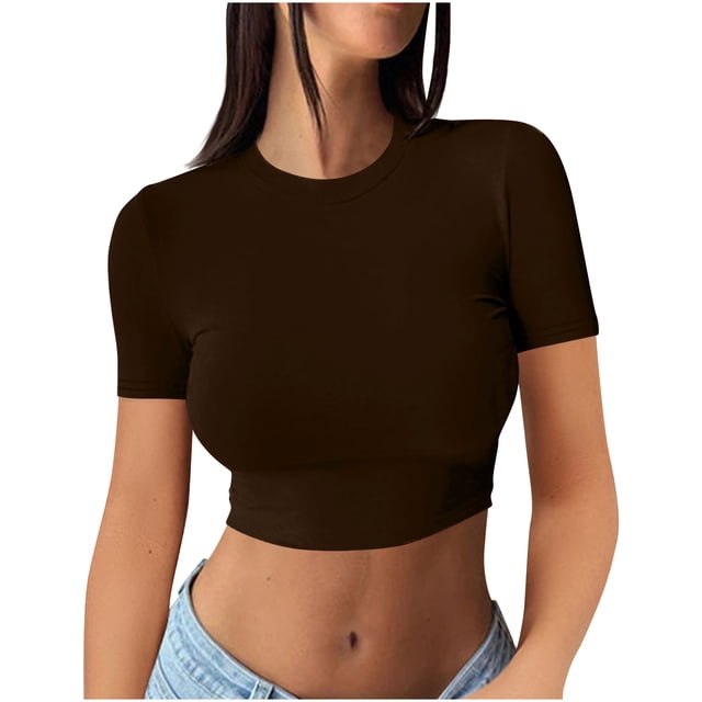 AherBiu Hauts Courts pour Femmes Haut de Sortie T-Shirts Chemises Manches Courtes Col Rond Ajusté Confortable T-Shirt Basique