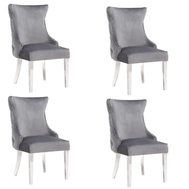 Plata Décor Import Inc – Stonefort Chair, Steel Frame, Velvet Grey Upholstery,  Polished Stainless-Steel Legs, Set of 4