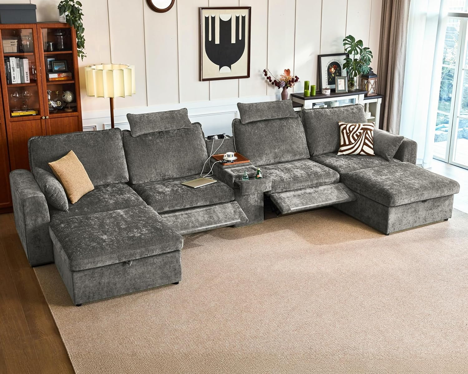 BEDEEP Canapé Inclinable Électrique 174,4 Pieds' avec Console d'Appui-tête, Canapé Sectionnel en Chenille Moduar Cloud avec Ottoman de Rangement, Canapé Convertible 6 Places pour Salon RV, Gris