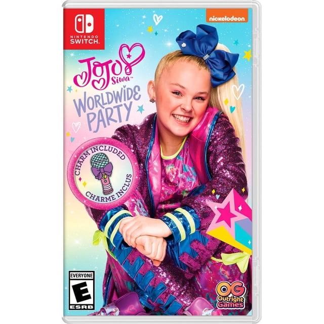JoJo Siwa Worldwide Party Nintendo Switch game cover featuring a sequined purple and pink jacket with blue and yellow trim, a large blue bow hair accessory, and colorful star graphics on a pastel gradient background, including a charm included icon and Nickelodeon logo.