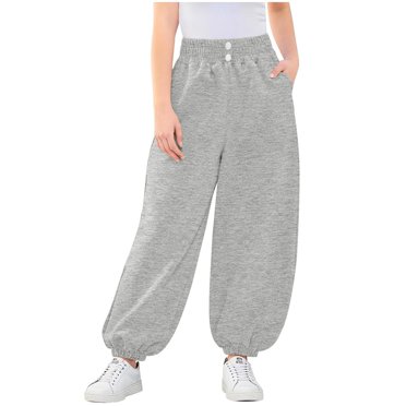 hoksml Girls Solid Color High-Waist Joggers Elastic Waisted Decorative Button Sweatpants, Elastic Cuffs with Pockets (6-12Y)