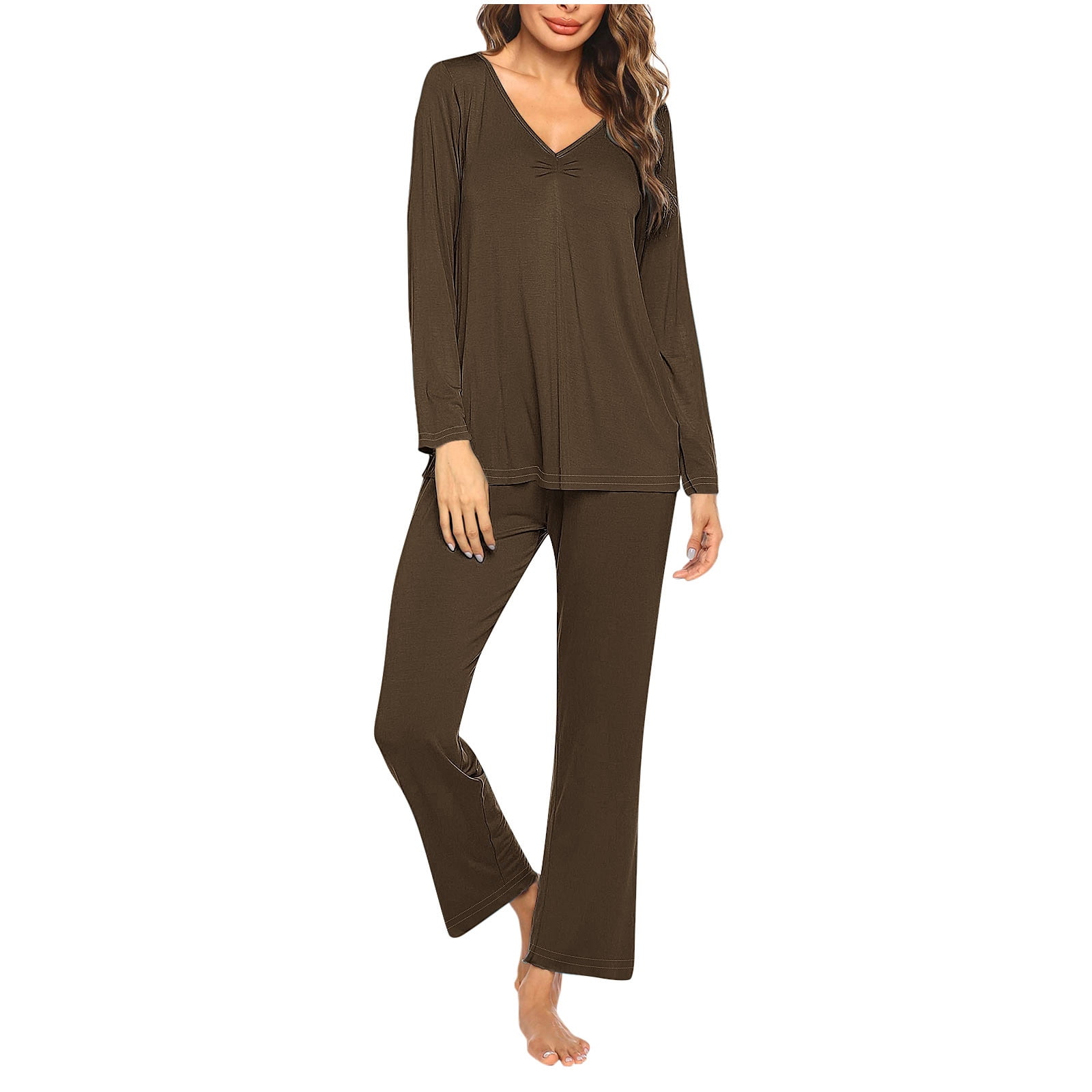 Timegard Ensembles de Pyjamas pour Femmes 2 Pcs Manches Longues Col en V Haut Froncé et Pantalon Automne Décontracté Doux Tenues de Pjs
