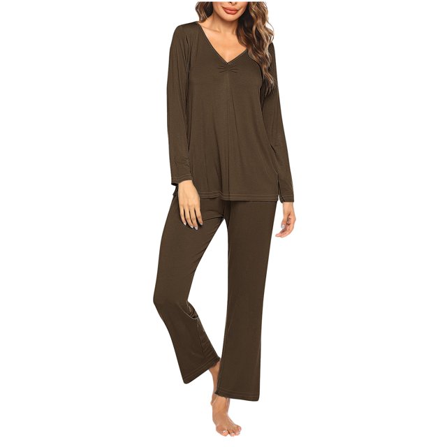 Timegard Ensembles de Pyjamas pour Femmes 2 Pcs Manches Longues Col en V Haut Froncé et Pantalon Automne Décontracté Doux Tenues de Pjs