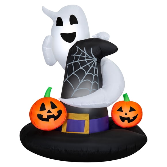 Halloween Airblown Yard Inflatables Ghost on Witch Hat with Pumpkins, 4.5 ft