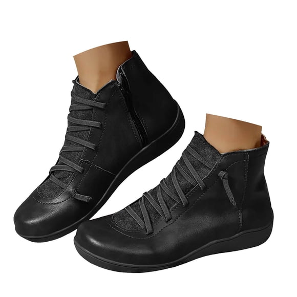 Dakaela Ankle Boots for Women No Heel Arch Support Flat Walking Shoes Slip on Short Booties Black 8.5