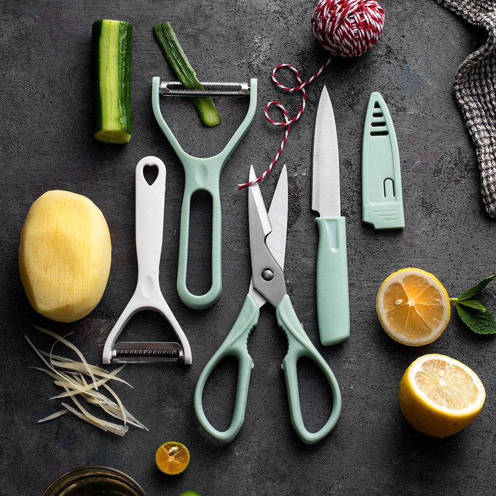 Aodebiao Stainless Steel Kitchen Knife Set 4 Piece Paring Knife Heavy Duty Scissors 2 in 1 Peeler Vegetable Peeler Julienne Cutter Kitchen Gadgets