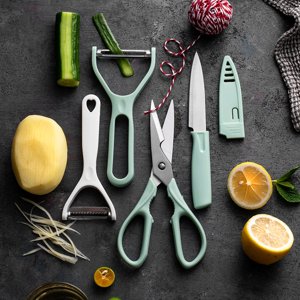 Aodebiao Stainless Steel Kitchen Knife Set 4 Piece Paring Knife Heavy Duty Scissors 2 in 1 Peeler Vegetable Peeler Julienne Cutter Kitchen Gadgets