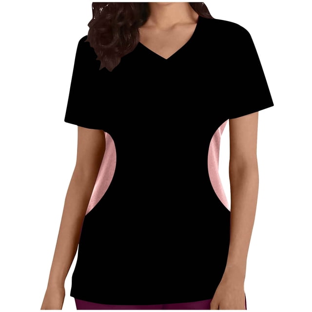 TIMIFIS Scrub for Women Printed Nurse Uniforms Tops with a V-neck and short sleeves. The black top features pink side panels, two lower pockets, and is crafted from lightweight, soft fabric for comfort during spring and summer. Ideal as a medical uniform or nursing scrub top.