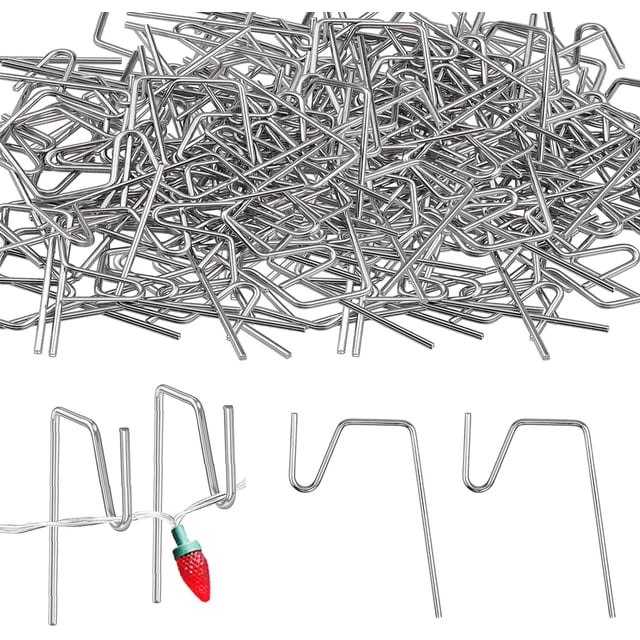 ORUYROP 60 metal gutter hooks for outdoor Christmas lights, shown in silver stainless steel with a pile of hooks and individual hooks holding a string light. Each hook measures 6.5cm in length, 4cm in width, and 2mm thick, designed for mesh leaf gutter guards. Durable and rustproof, ideal for holiday decorations like Christmas, Halloween, and New Year. Suitable for hanging fairy lights, icicle lights, and other holiday light clips.