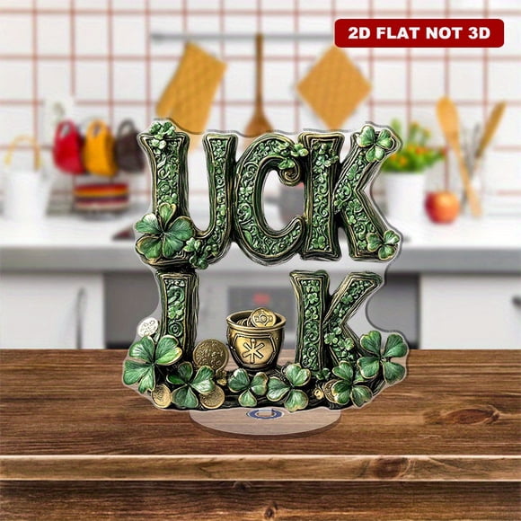 Rotating acrylic display featuring the word LUCK adorned with shamrocks, leprechaun hats, and a pot of gold showcasing intricate details and vibrant colors
