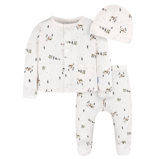 Gerber Ensemble 3 Pcs « Emmène-Moi à la Maison » Camping Comprenant une Tenue pour Bébé Garçon en Coton 100 % à Côtes Blanches avec une Chemise à Manches Longues à Boutons-Pression, un Pantalon à Pieds avec Taille Extensible et un Bonnet Assorti, le Tout Imprimé avec de Petites Tentes et Arbres à Thème Camping, Taille pour 3-6 Mois.