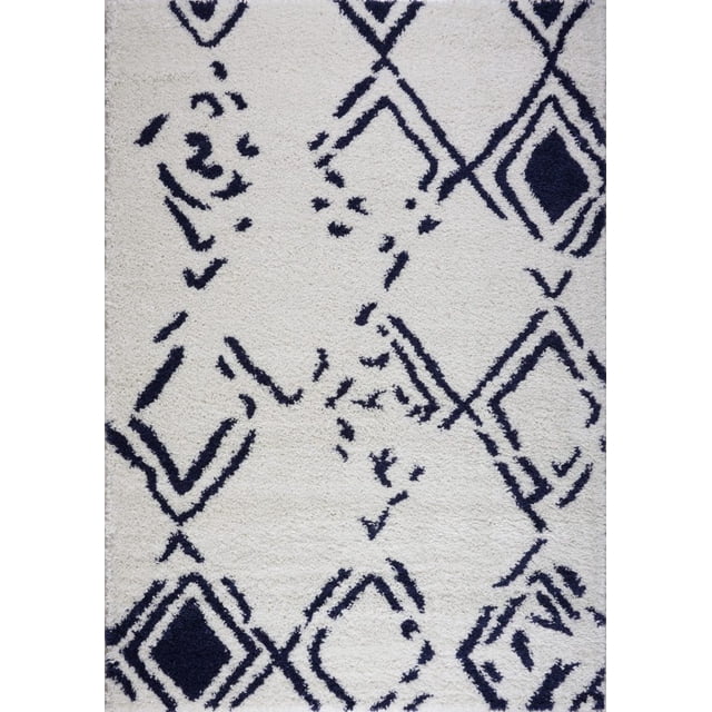 Ladole Rugs Shaggy Kenitra European Abstract Soft Polypropylene Modern Area Rug Carpet in White Dark Blue 6'5" x 9'5"