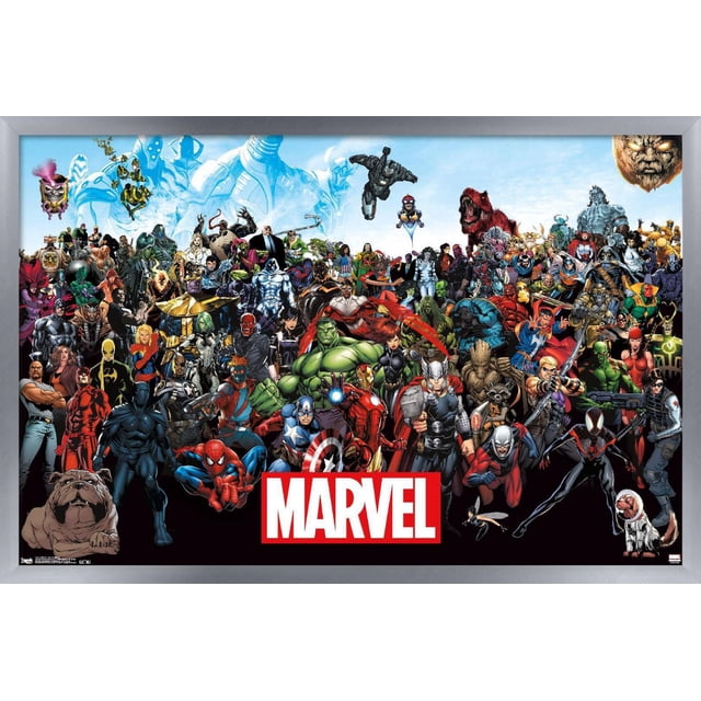 Marvel Comics - The Marvel Lineup Wall Affiche, 22.375 Pouces x 34 Pouces, une Impression Brillante Haute Résolution Mettant en Vedette un collage vibrant de Superhéros et de Méchants Marvel, Dont Spider-Man, Hulk, Thor, Captain America, Iron Man, Groot et Rocket Raton Laveur sur Fond de Ciel Bleu avec le logo Marvel en Rouge et Blanc au Centre Inférieur, Idéal pour la Déco de la Maison et la Décoration de Fêtes.