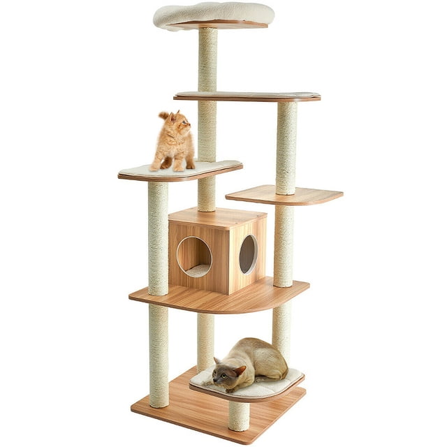 Costway 69" Modern Cat Tree Multi-layer Kitten Activity Tower with removable soft mats. This 6-level cat tree features a wood grain finish, sisal-wrapped posts for scratching, and a spacious enclosed room with two circular openings. Each platform is equipped with a plush, removable cushion for comfort. The sturdy particleboard construction ensures stability, while the natural design complements home décor. Ideal for climbing, scratching, and resting.