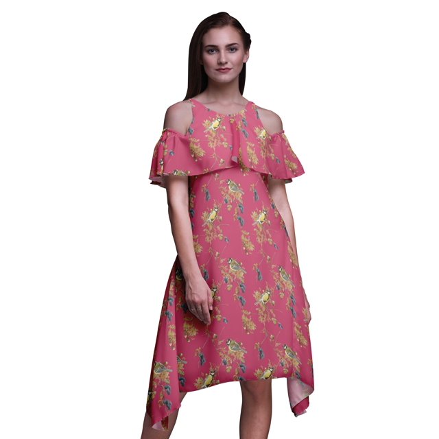 Bimba Robe Midi à Manches Volantées pour Femmes, Tunique Évasée à Épaules Dénudées avec Imprimé d'Oiseau Rose - Moyen