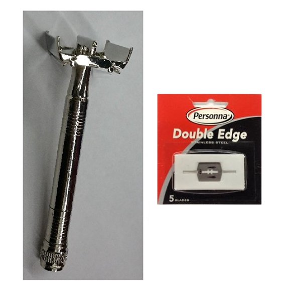 Double Edge Safety Razor + Personna Double Edge Stainless Steel Refill Blades, 5 ct. (Pack of 1)