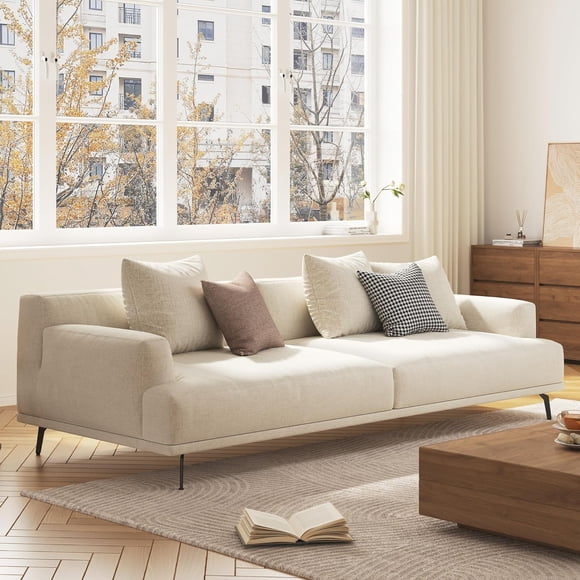 82.6" W Beige Modern 3-Seater Upholstered Sofa, Linen Upholstery Fabric Couch with Armrests & Metal Legs, Easy to Assemble for Living Room