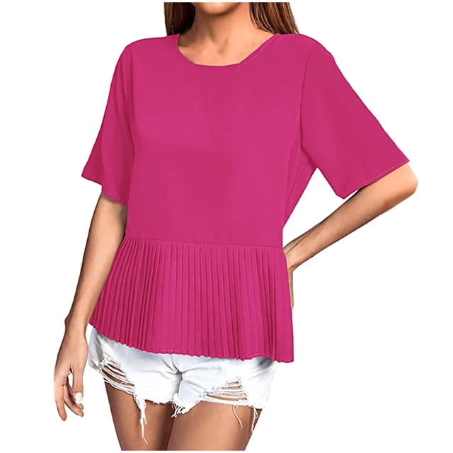 Timegard Womens Tops Pleated Crewneck Back Button Short Sleeve Loose Casual Blouse Solid Color Summer