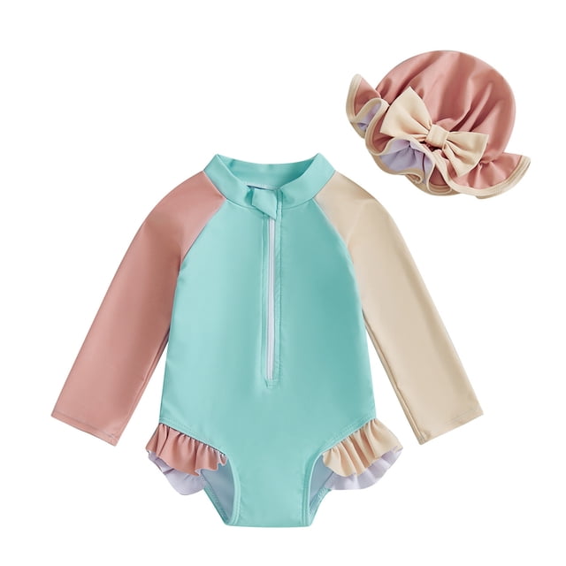 Girls Long Sleeve Hooded Color Block Swimsuit for Kids Soft Stretch Rash Guard Bathing Suit for Summer