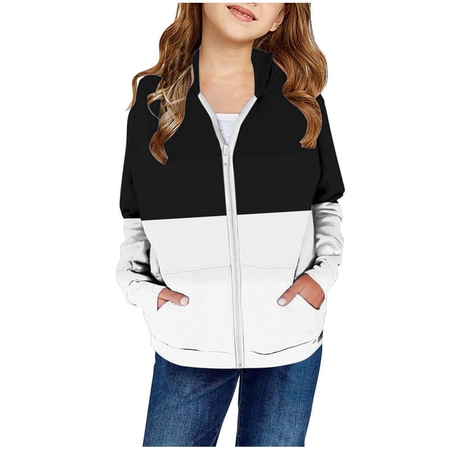 MEZZALL Filles Printemps à Blocs de Couleur Imprimé Poche Plaquée Fermeture Éclair Chandail à Capuche Cardigan Veste Classique Tout-Petit Tenue Quotidienne, Noir, 11-12 Ans