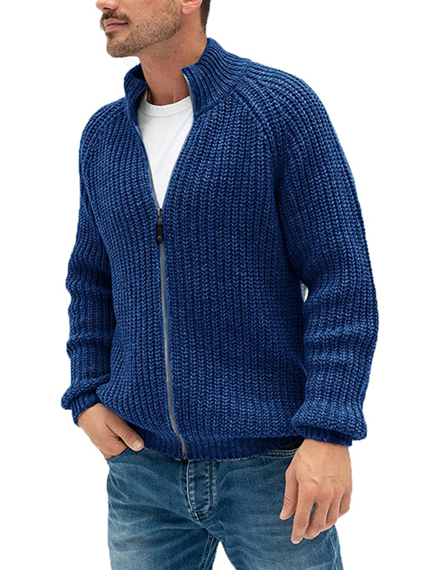 LUXUR Mens Outwear Single Breasted Cardigans Open Front Cardigan Sweater Knitwear Sweaters Long Sleeve Blue M