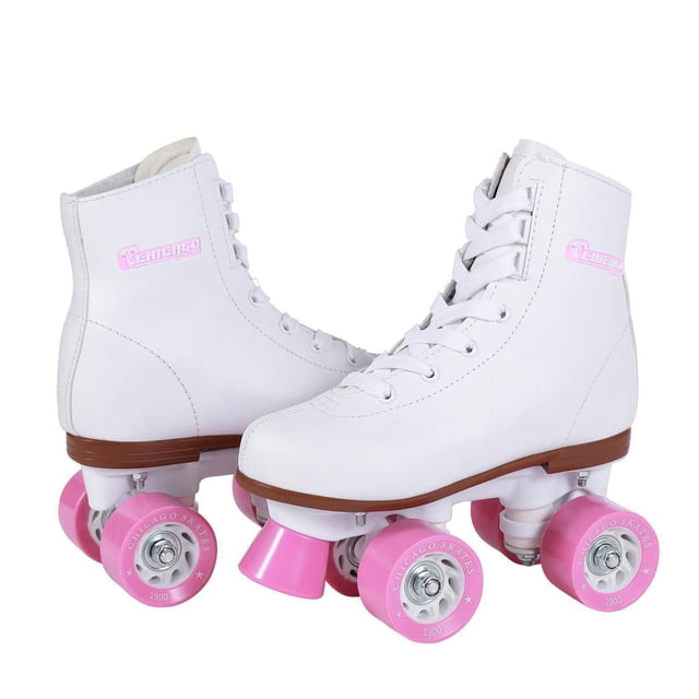 Chicago Patins de Patinoire pour Fille avec Bottes Montantes Blanches, logo Chicago Skates Rose, Semelle Brune et Roues en Uréthane Roses avec Butées d'Orteil Ajustables et Roulements de Précision Lisses, Conçus pour la Patinoire et le Patinage social.