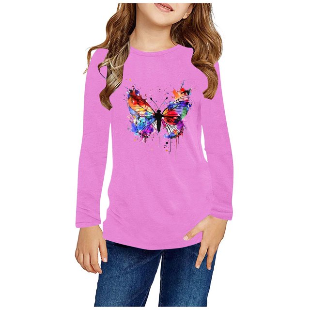 RXIRUCGD Chemises à Manches Longues pour Filles, Col Rond Mignon, Blouses Décontractées Élégantes (Rose, Taille : 4-5 Ans)