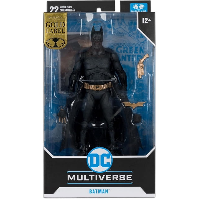 DC Multiverse Batman Begins 7 Inch Action Figure Exclusive - Fear Toxin Batman Gold Label by McFarlane. This collectible action figure features a detailed design of Batman in a black suit with gold accents, including a utility belt. The packaging highlights the Gold Label Collection and includes accessories such as a grappling gun, batarang, and an alternate hand. Suitable for ages 12 and up.
