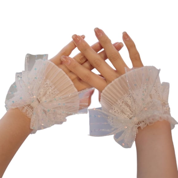 CNKOO Fairy Wrist Cuffs Detachable Elegant Wristband Flared Tulle Ruffled False Bowknot Cuffs Sweater Wristband