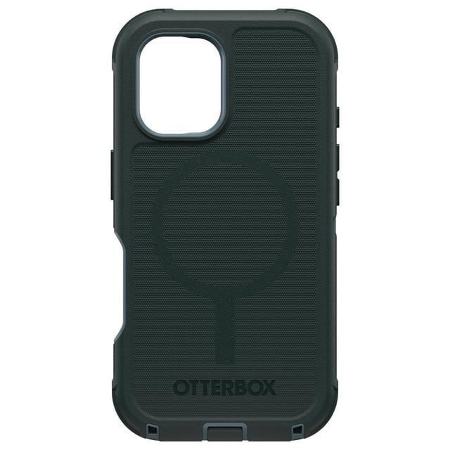 OtterBox Defender Pro MagSafe Case Sagebrush for iPhone 16 rugged dark green phone case with antimicrobial textured finish, raised edges for camera and screen protection, port covers to block dust, MagSafe ring on back, and included holster clip for belt or bag
