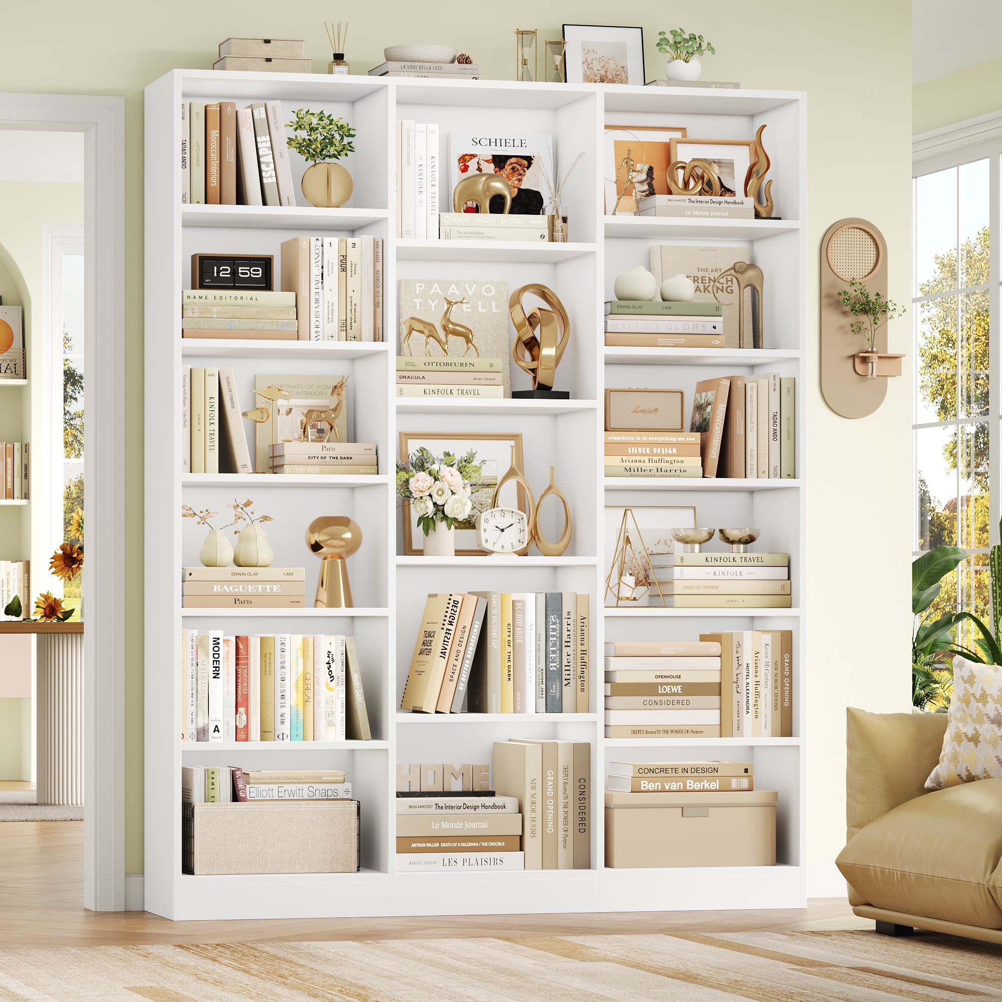 Homfa Triple Row 6-tier Bookshelf, 74 in Tall Bookshelf with 17 Open Display Shelves, Large Bookcase for Office Living Room, White