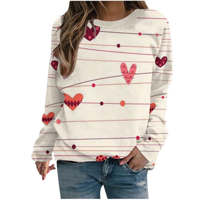 VALMASS Chandails en Molleton de la Saint-Valentin pour Femmes Manches Longues Col Rond Décontracté Mode Ample Blouses (TG, Blanc-A)