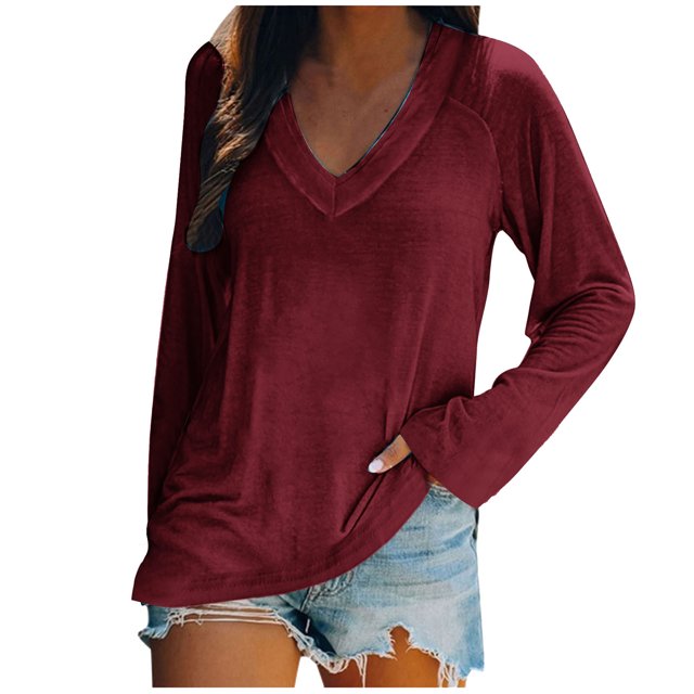 KIHOUT Spring Winter Womens Tops Fashion Casual Long Sleeve V-Neck Solid Color Ladies Tops Blouse