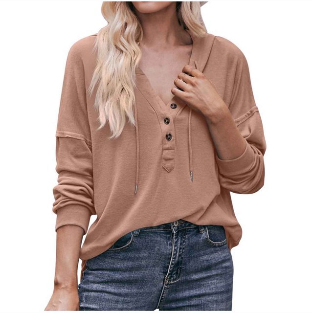 CEHVOM Chandail à Capuchon à Manches Longues pour Femmes, Mode, Uni, Col en V, à Boutons, Liquidation