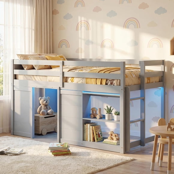 Twin Loft Bed with LED Lights, Wooden Low Bed Frame with Shelves, Under Bed Play Space, 2 Doors, Raised Guardrail & Ladder, Modern Space-Saving Kids Bed for Boys & Girls (Grey)