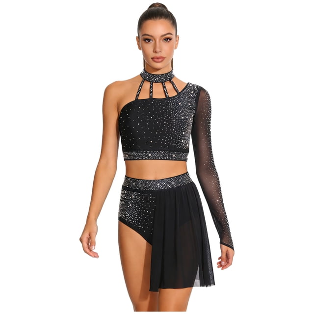 Runhomal Haut Court Deux Pièces pour Femme avec Strass Lyriques et Short Tenue de Danse Moderne Noir TG
