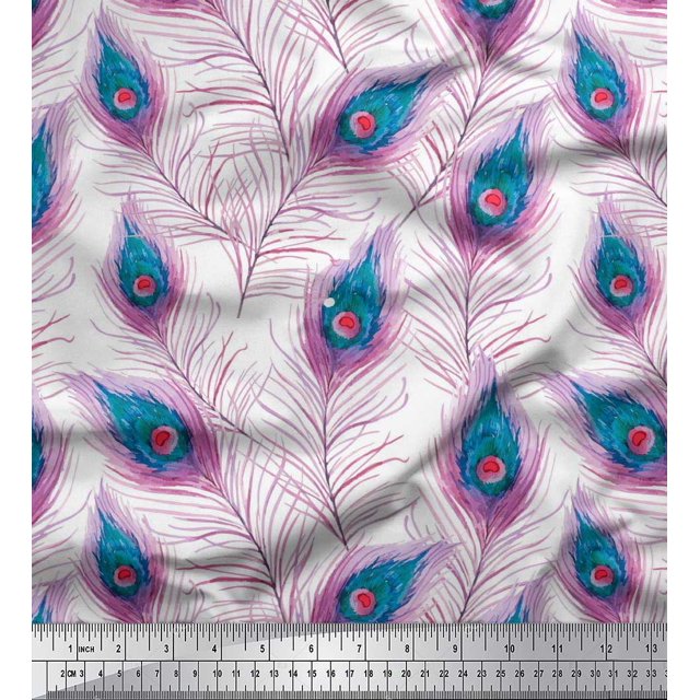 Soimoi Moss Georgette Fabric Peacock Feather Print Sewing Fabric Yard 42 Inch Wide