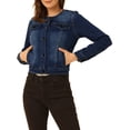 thumbnail image 1 of INSPIRE CHIC Women's Button Down Collarless Long Sleeve Cropped Denim Jacket Deep Blue XS, 1 of 6