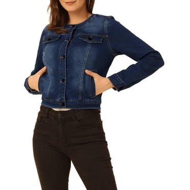 INSPIRE CHIC Women's Button Down Collarless Long Sleeve Cropped Denim Jacket Deep Blue S
