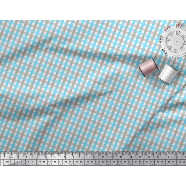 Soimoi Blue Modal Satin Fabric Window Pane Check Printed Craft Fabric by the Yard 42 Inch Wide
