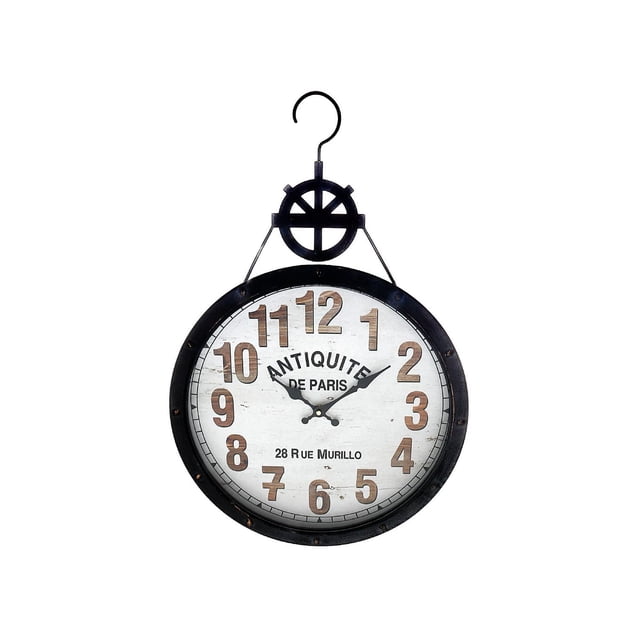 Antiquite De Paris Metal Clock with a round black metal frame and white distressed face featuring large brown Arabic numerals, black hour and minute hands, and a decorative hook and wheel design at the top, suitable for home wall décor or gifting.