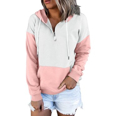Timegard Womens Sweatshirts Quarter Zip Hoodies Pullover Color Block Loose Long Sleeve Tops Fall Fashion