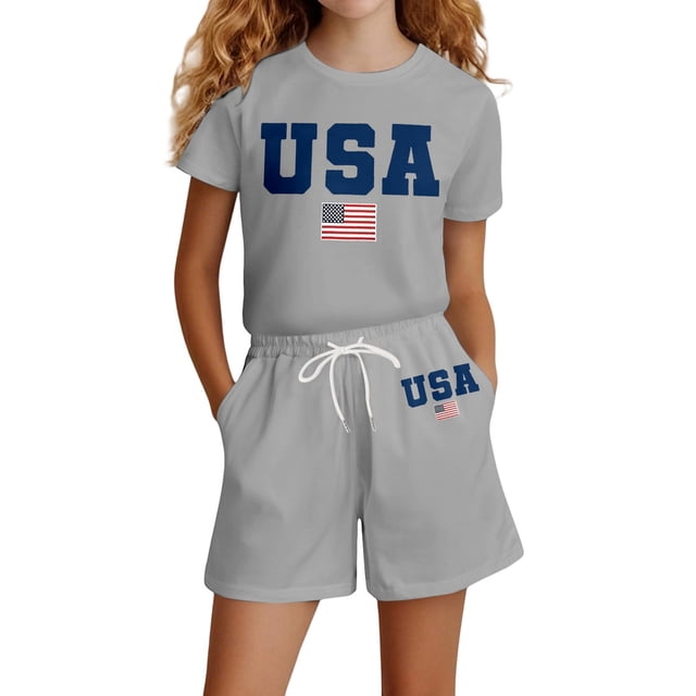 SGMVNU Girls Two Piece Summer Outfits Casual Short Sleeve Graphic Tee Matching Drawstring Shorts Set Tracksuits(Size 9-10 Years, Grey)