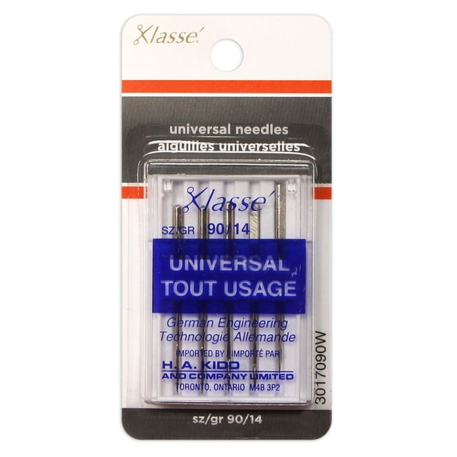 Klassé Universal Sharps Size 90/14 Sewing Machine Needles pack with five sharp metal needles in clear plastic case on white and black card with red stripe, labeled for universal use and German engineering, suitable for medium woven and knit fabrics in home sewing machines.