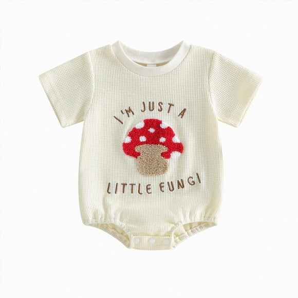 felwors Girl Boy Mushroom Romper Shirts Baby Summer Clothes Letter Embroidery Short Sleeve Bodysuit Tops White 0-3 Months