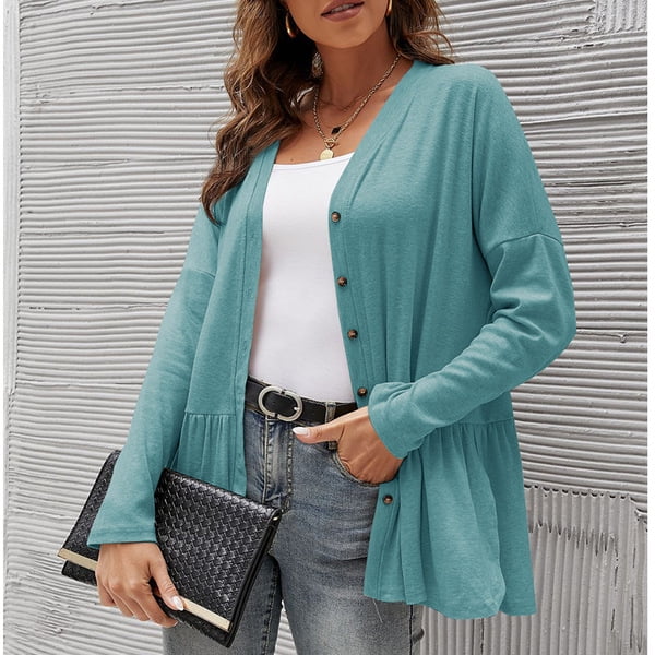 U.Vomade Women's Long Sleeved Buttoned Classic Hem Pleated Slit Cardigan