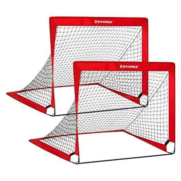 SONGMICS Ensemble de 2 Buts de Soccer Pliants pour Enfants, Jardin Parc Plage, Acier, Rouge USZQ122R02