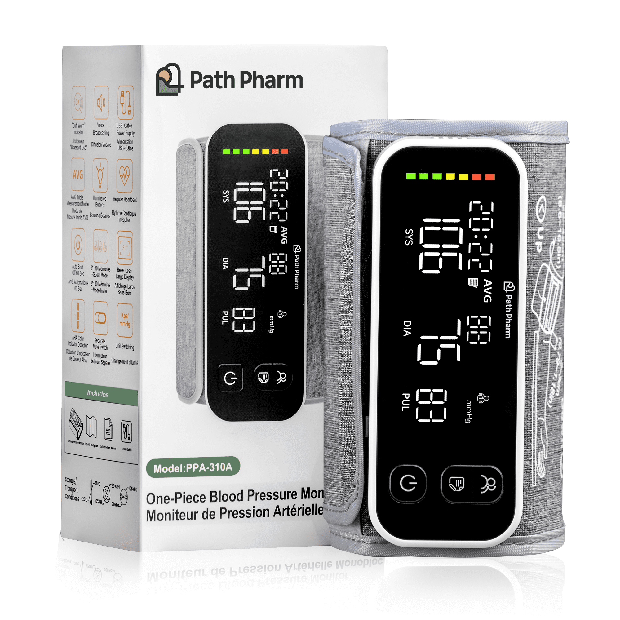 Path Pharm One-Piece Blood Pressure Monitor - Advanced Arm Blood Pressure Monitor for Home Use - Accurate Blood Pressure Cuff - Automatic Tensiometre with Large LED Screen - USB Heart Rate Monitor