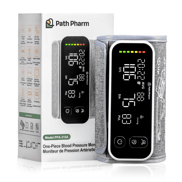 Path Pharm One-Piece Blood Pressure Monitor - Advanced Arm Blood Pressure Monitor for Home Use - Accurate Blood Pressure Cuff - Automatic Tensiometre with Large LED Screen - USB Heart Rate Monitor