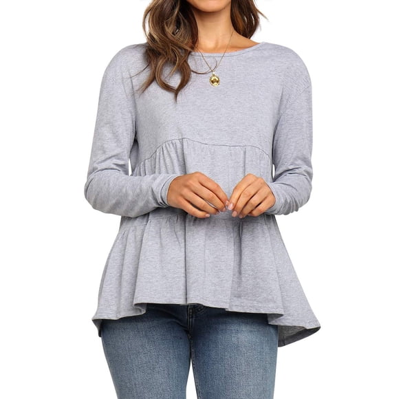 Women Round Neck Peplum Long Sleeve Pleated Baby Doll Shirt
